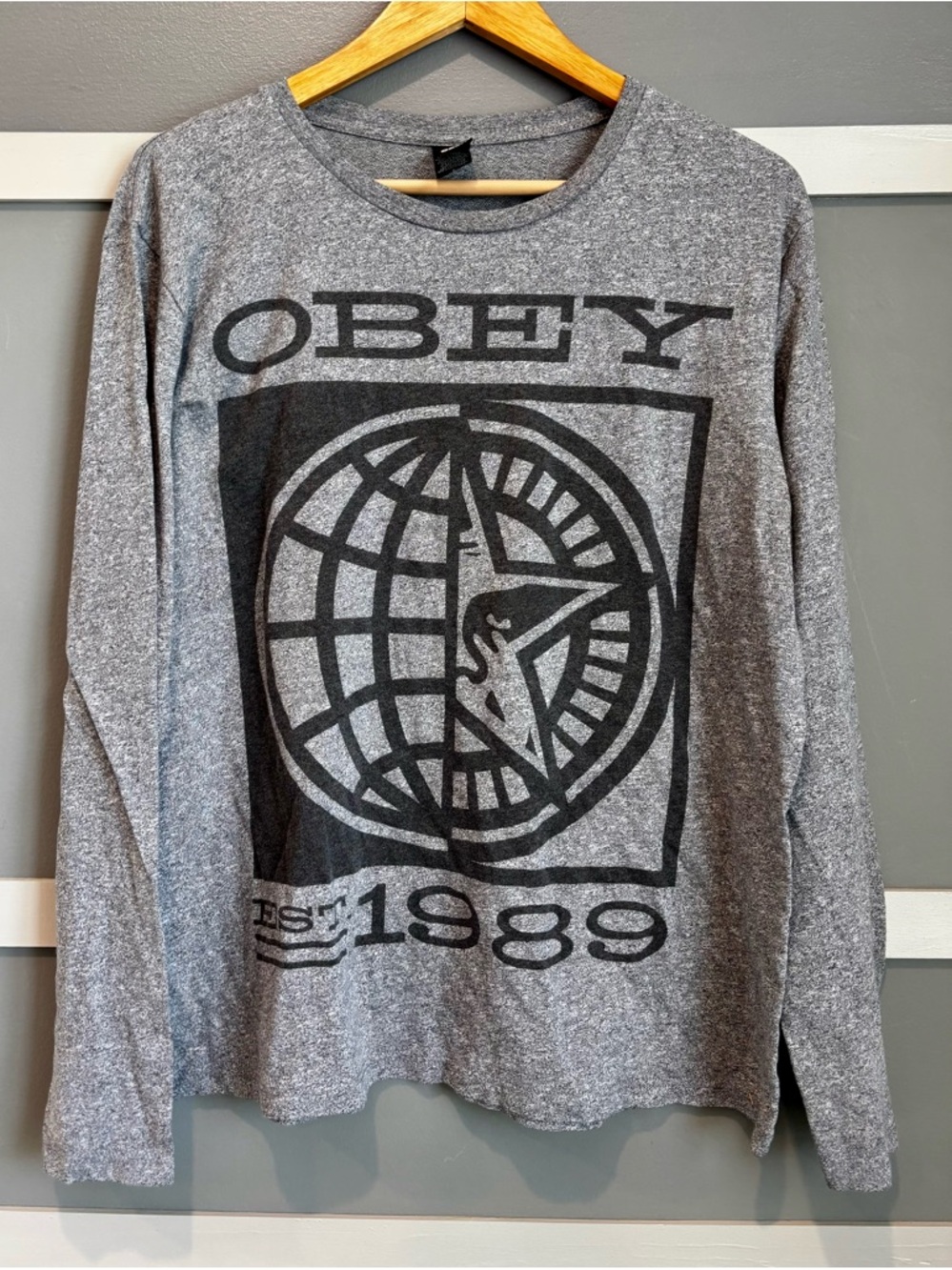 Obey Gray Long Sleeve Graphic Tee with Black Globe Logo